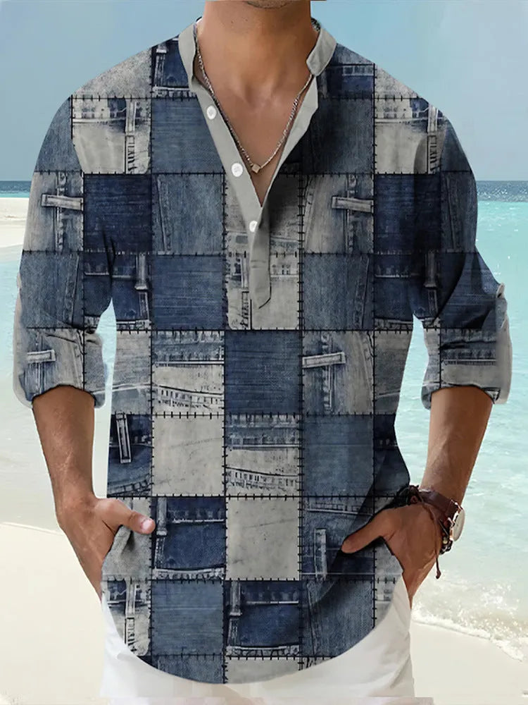 Thin striped Hawaiian long sleeve shirt in polyester fabric on a hanger