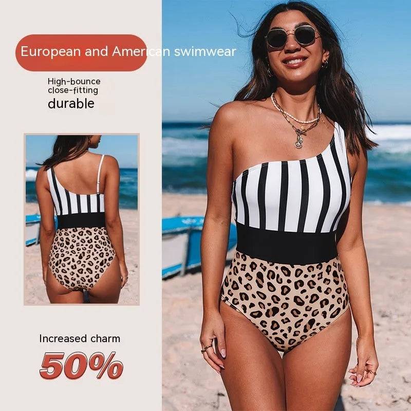 Women's leopard print one-piece swimsuit with an asymmetric collar and high waist triangle design.