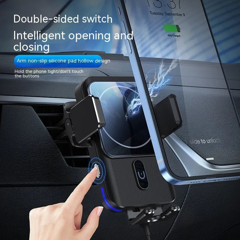 Black car wireless phone charger holder showing both clip and suction cup mounting options