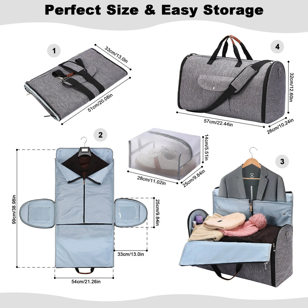 Folding duffel bag in Oxford cloth, shown in dark blue, with a 36-55 litre capacity for travel and gym use.