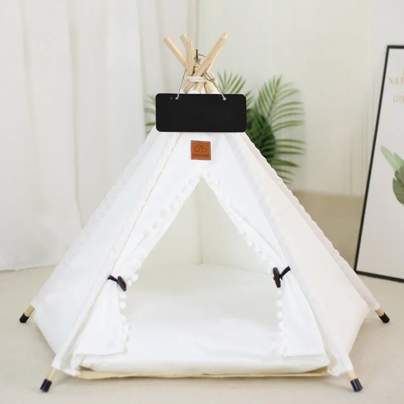 White and yellow striped flax linen pet teepee tent bed with cushion for small dogs or cats.