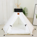 White and yellow striped flax linen pet teepee tent bed with cushion for small dogs or cats.
