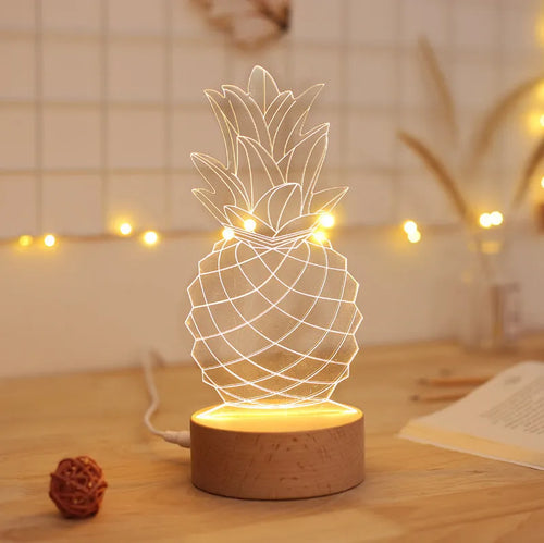 Wood and acrylic pineapple-shaped table lamp with USB cable and dimmer control