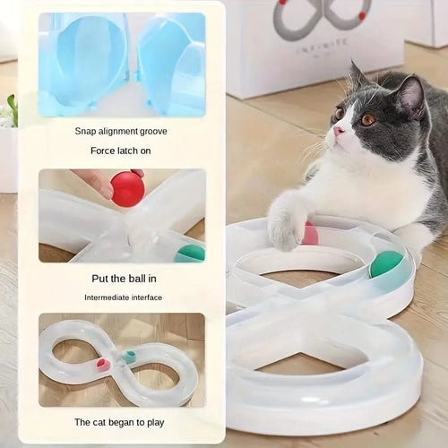 Blue and white cat turntable toy with ball track and teasing stick on wooden floor
