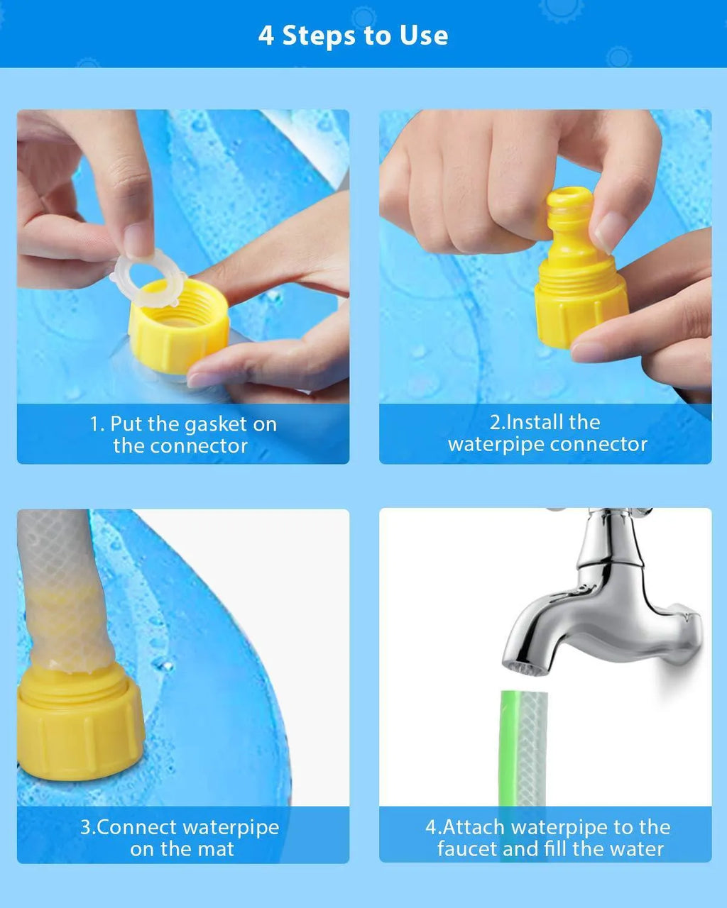 Blue PVC children's water spray mat with marine animal prints, measuring 100cm by 170cm