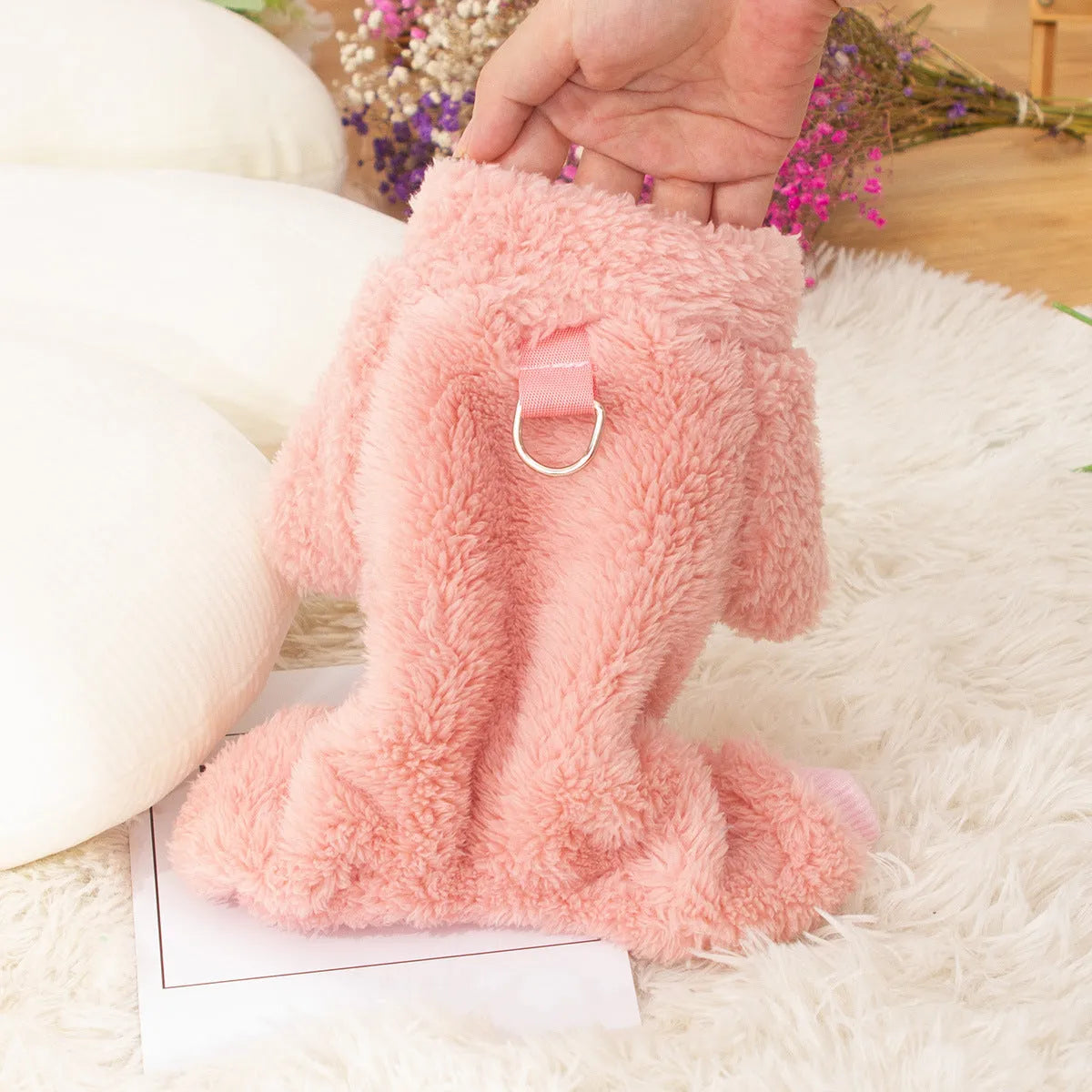 Double-sided thick plush dog clothes with high collar and towing ring in khaki pink or blue