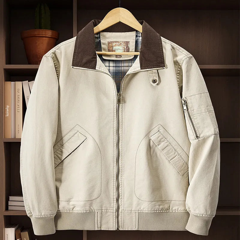Men's plus size washed cotton baseball flight jacket in camel colour