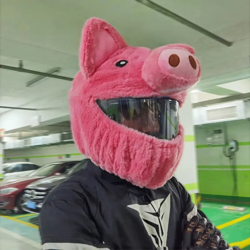 Pink pig cartoon plush helmet liner made of PV velvet cloth for motorcycle use