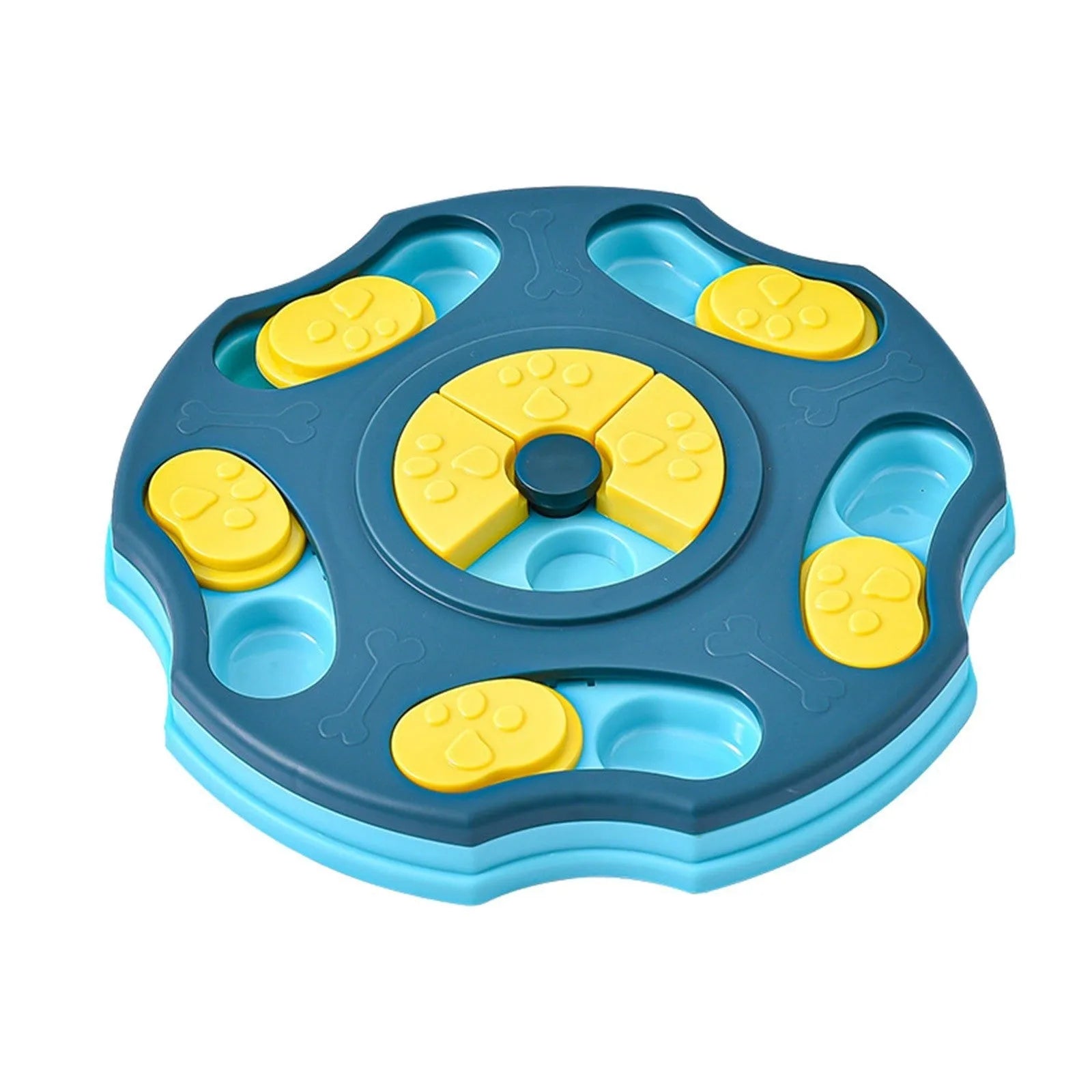 Blue and pink dog puzzle feeder toy with food compartments for interactive play and slow feeding