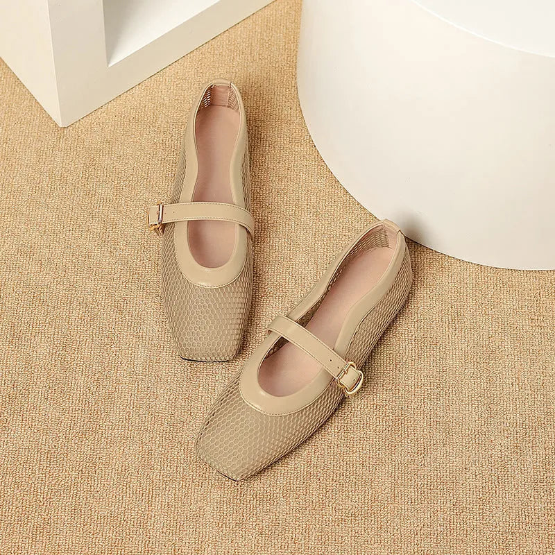 Women's breathable mesh hollow out pumps with buckle fastening and low flat heel