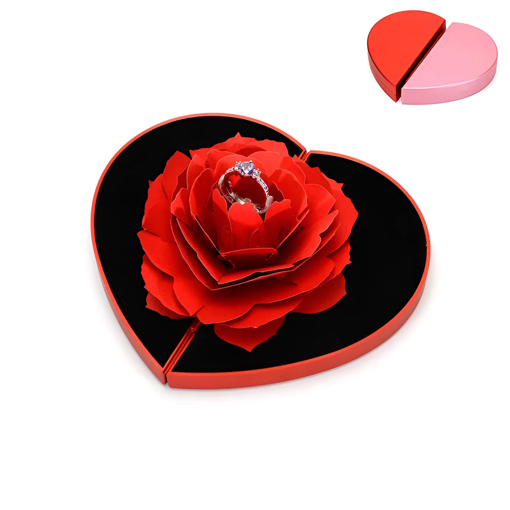 3D Love Box heart-shaped rotating rose flower ring box in red plastic on white background