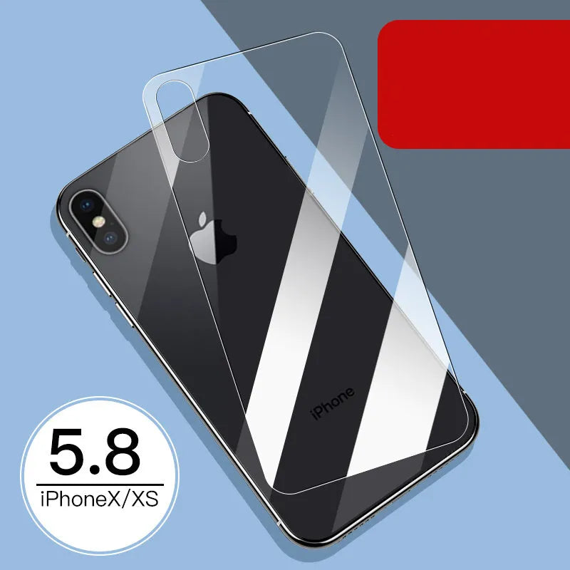 Tempered glass screen and rear camera protectors for Apple iPhone models on a white background.