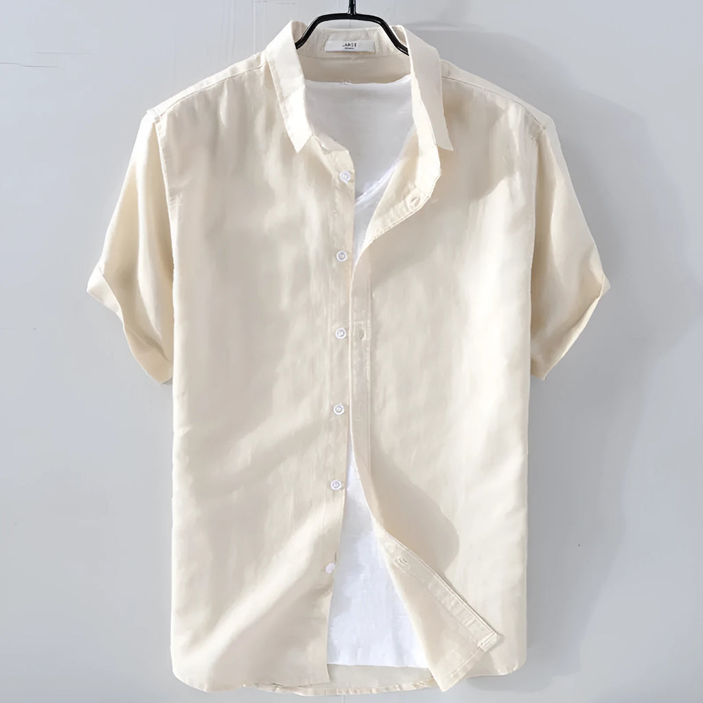 Men's short sleeve linen shirt in solid colour with loose fit design