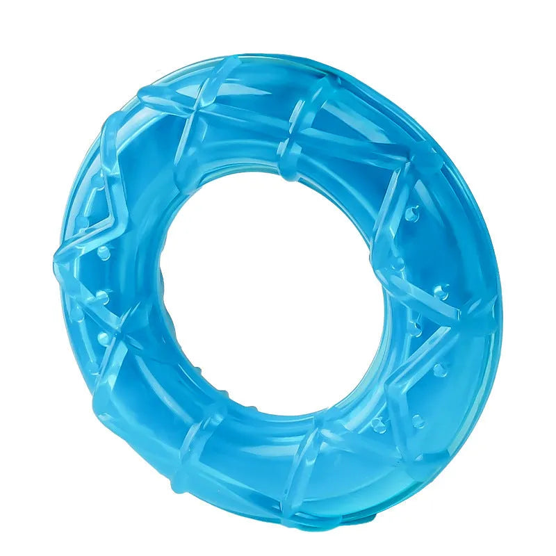 Set of three water-filled ice dog toys: a pacifier, a popsicle, and a ring cooling chew toy