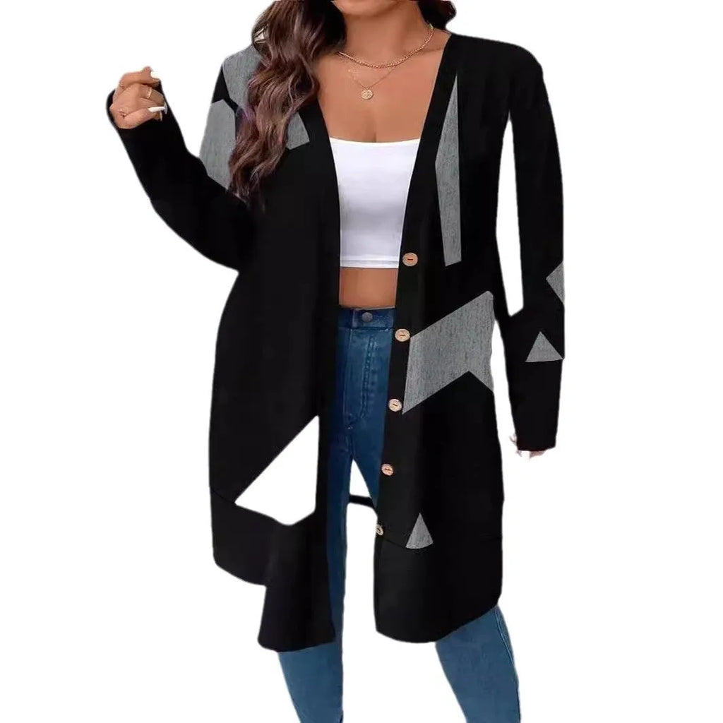 Black plus size casual cardigan coat with button stitching and printing details, loose fit