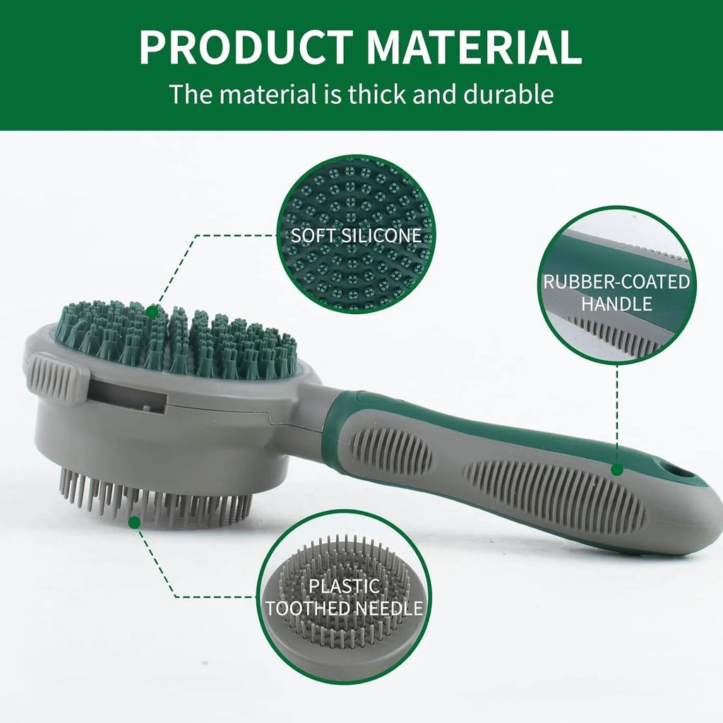 Green two-sided silicone pet brush with retractable slicker on one side and octopus-teethed massager on the other