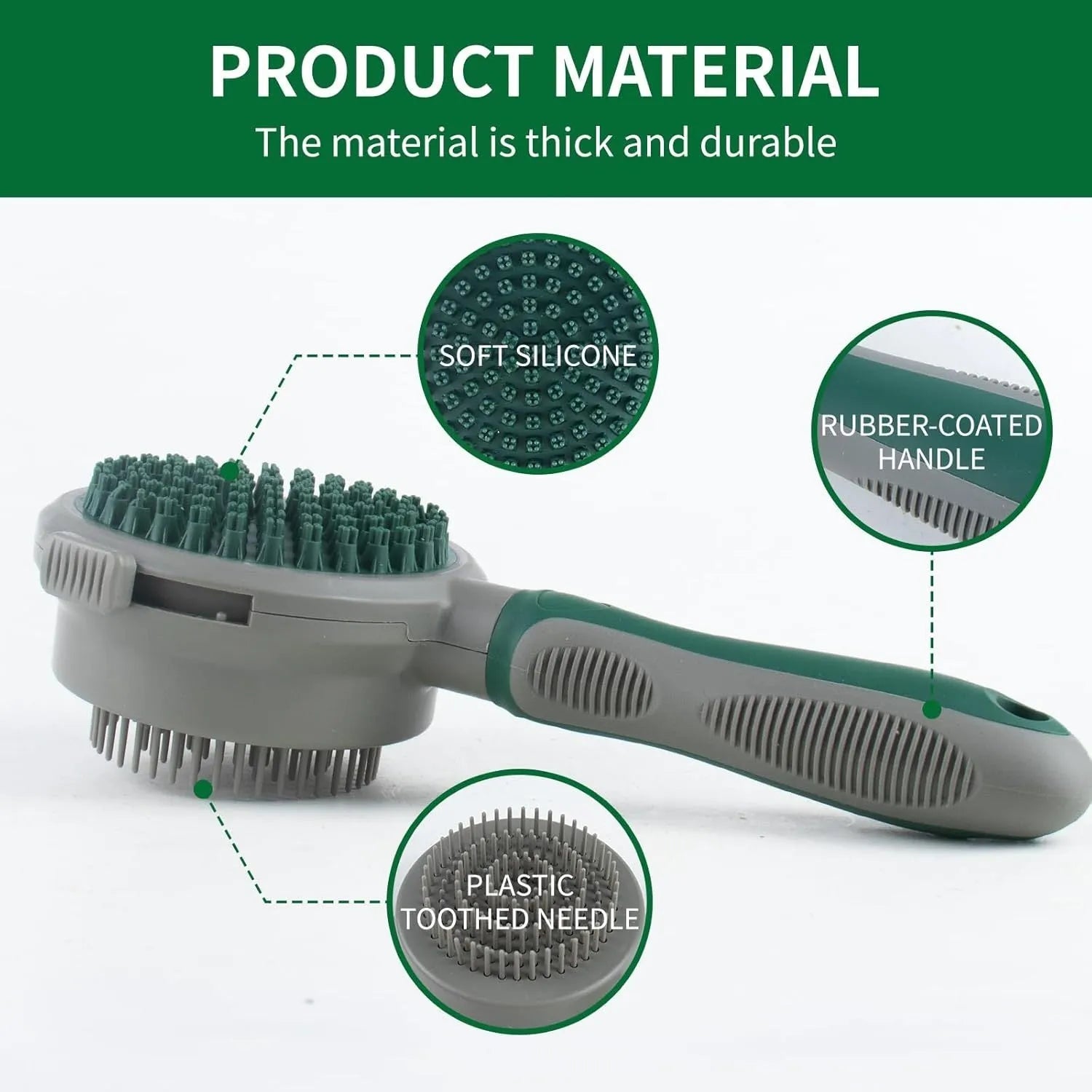 Green two-sided silicone pet brush with retractable slicker on one side and octopus-teethed massager on the other