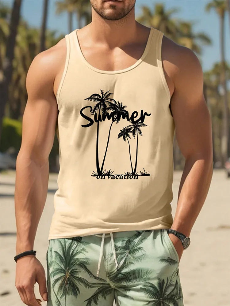 Men's Hawaiian-style 3D printed sleeveless vest tank top in polyester fabric