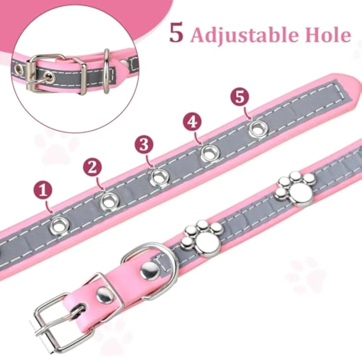 Reflective soft PU leather dog collar with metal paw-shaped rivets and adjustable buckle on a size chart.