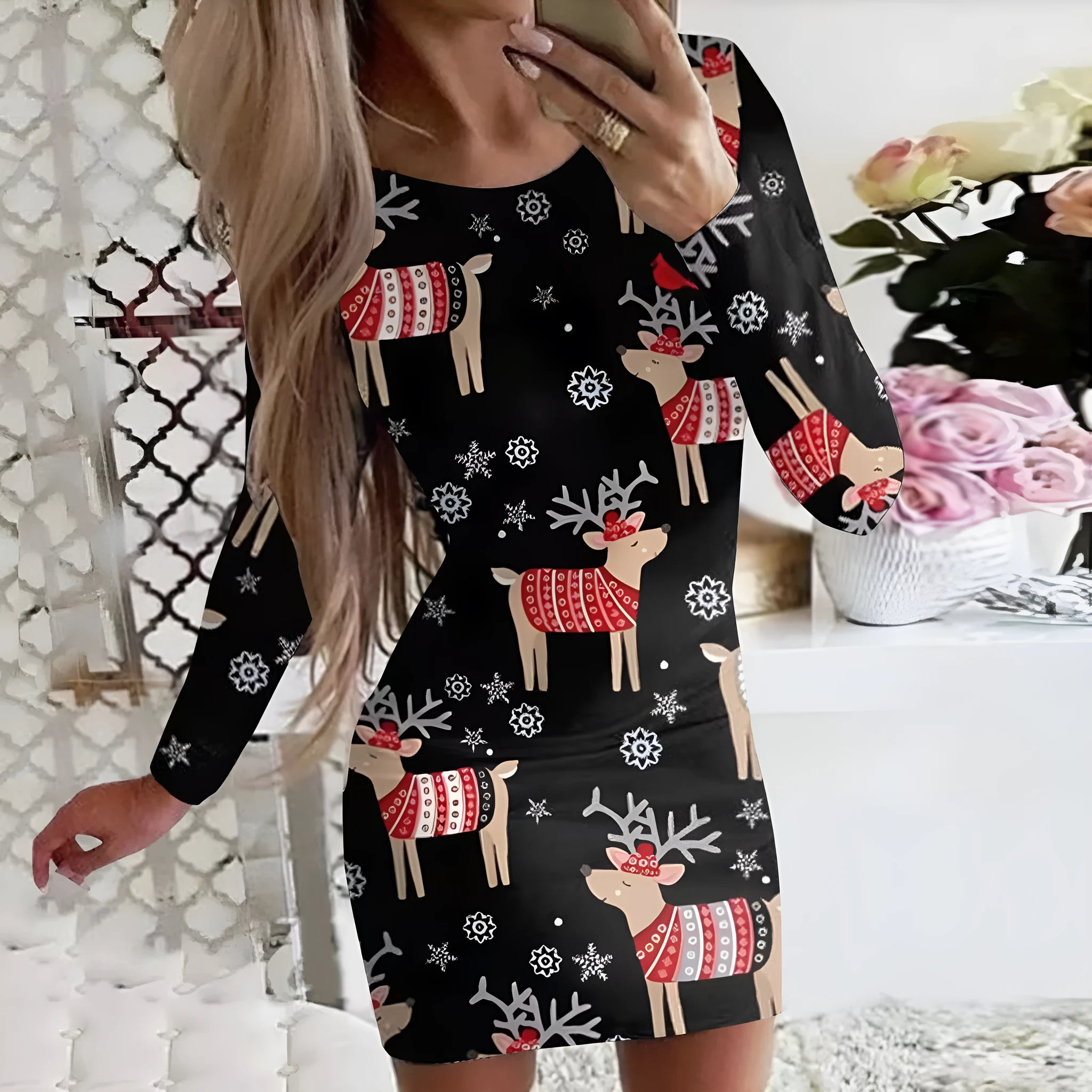 Women's Christmas printed dress with animal patterns, round neck, long sleeves in floral colours