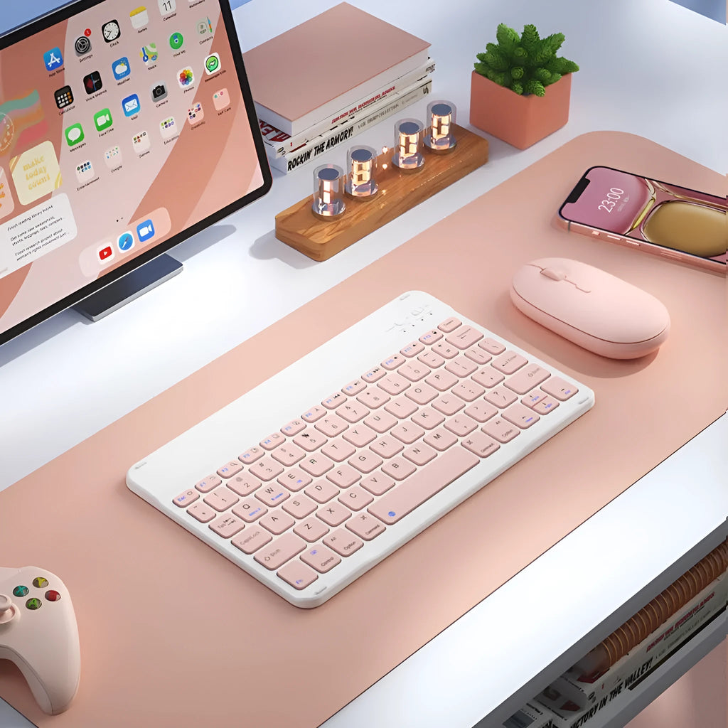 Bluetooth keyboard and rechargeable mouse set in elegant white, green, or pink for tablet and PC use