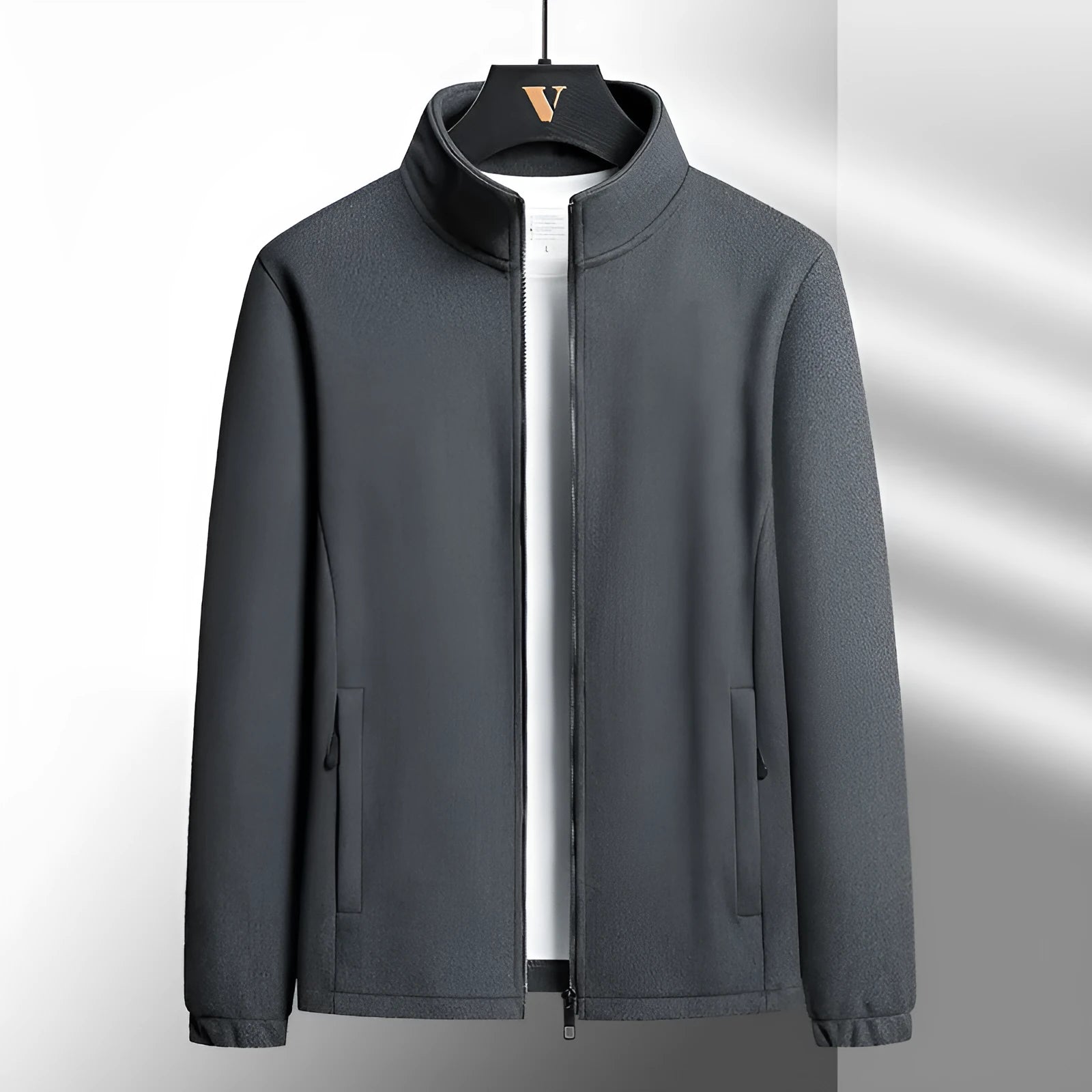 Men's grey Berber fleece cardigan coat with stand-up collar and zippered pockets