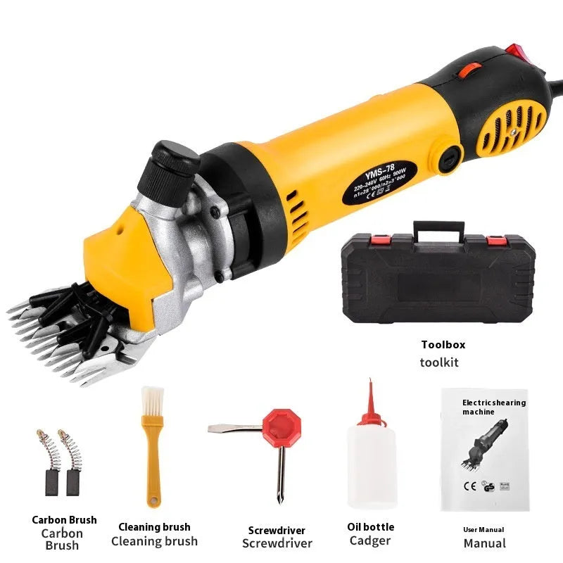 Yellow electric wool shearing machine with 110V plug and complete accessory kit including multiple comb sets