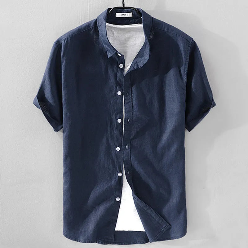 Men's short sleeve linen shirt in solid colour with loose fit design