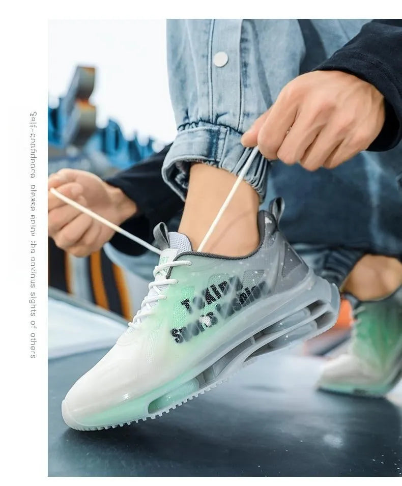 Men's black and green mid-top platform sneakers with mesh upper and rubber sole.