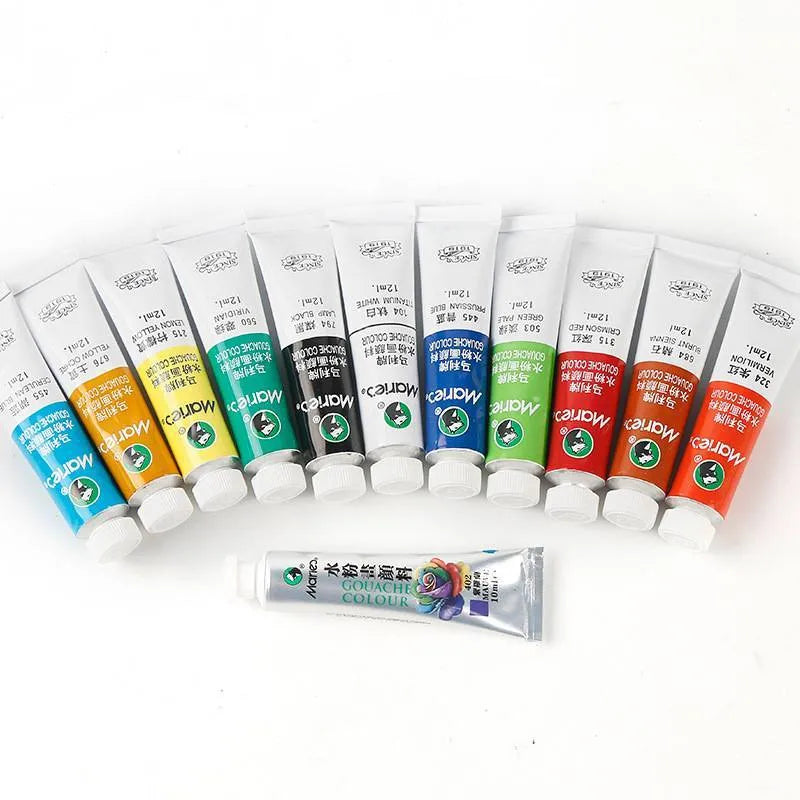 Gouache paint set with tubes in 12, 18 or 24 colour options showing 5ml and 12ml size comparison