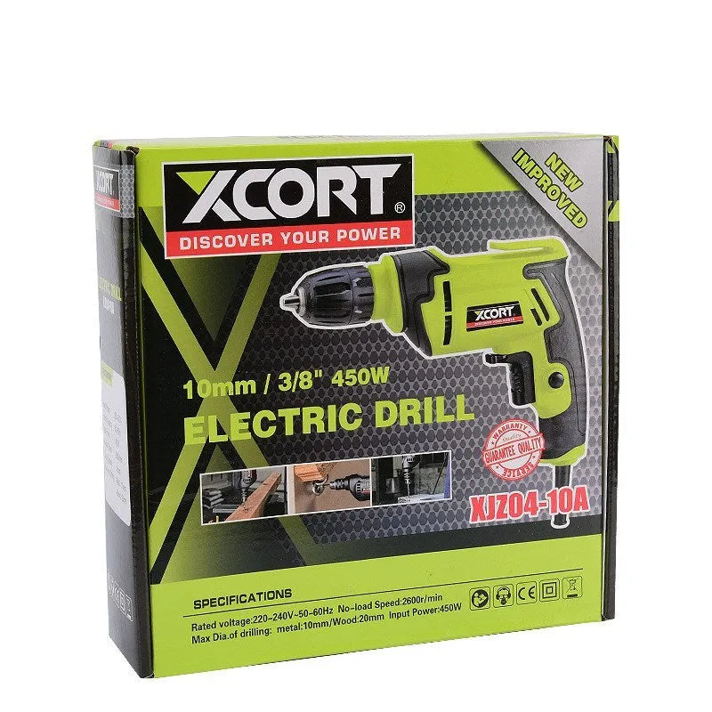 450W pistol grip electric drill with 10mm chuck on a workbench.