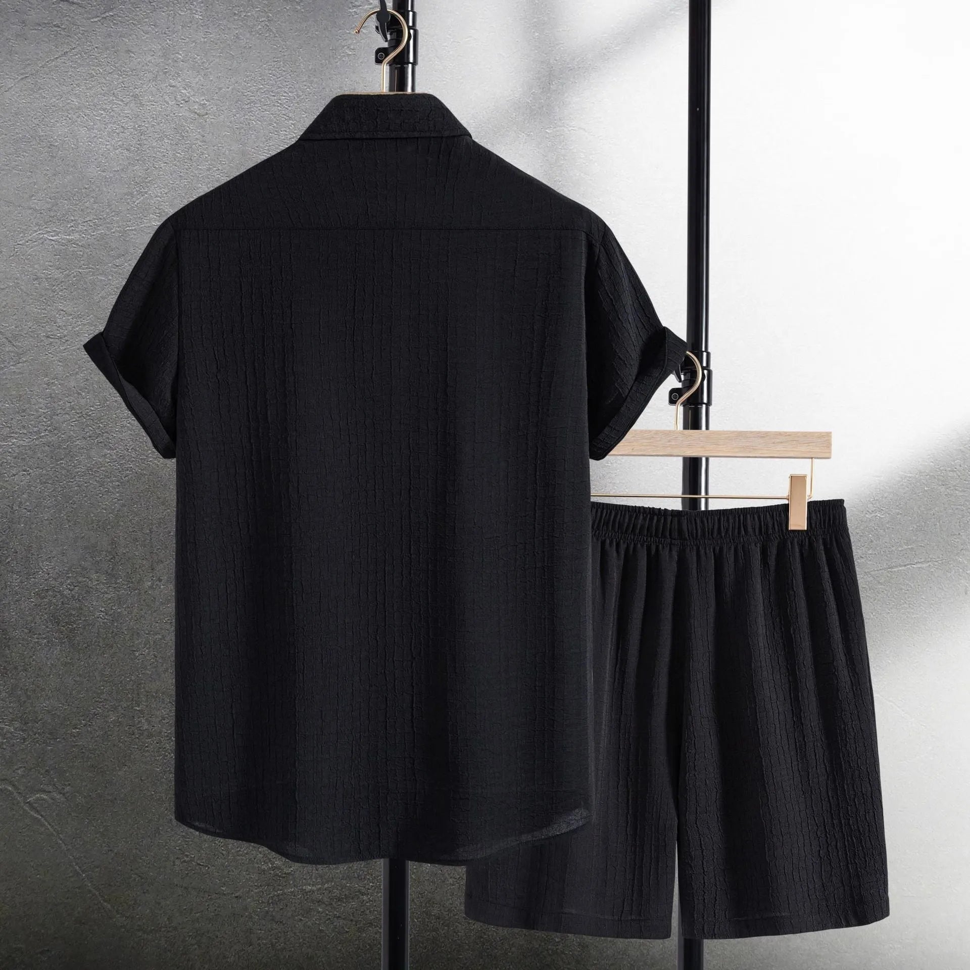 Men's black cotton blend jacquard short sleeve shirt and matching shorts casual suit