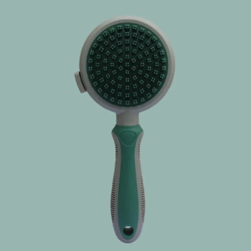 Green two-sided silicone pet brush with retractable slicker on one side and octopus-teethed massager on the other