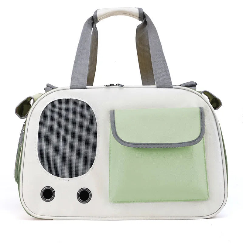 Yellow foldable canvas pet carrier backpack for cats and dogs with a single shoulder strap.