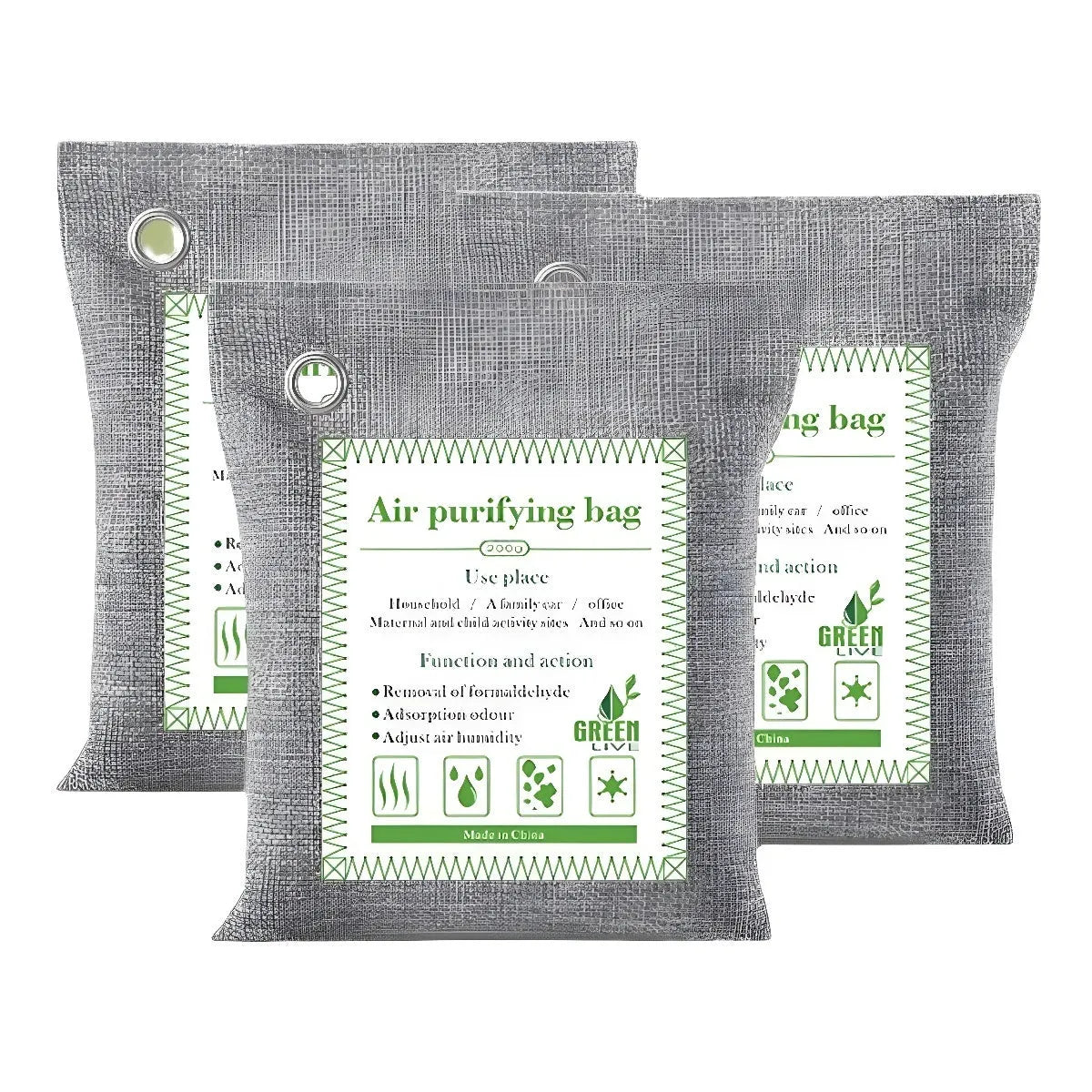 Bamboo charcoal wrapped activated carbon air purification pouches for formaldehyde removal in household settings