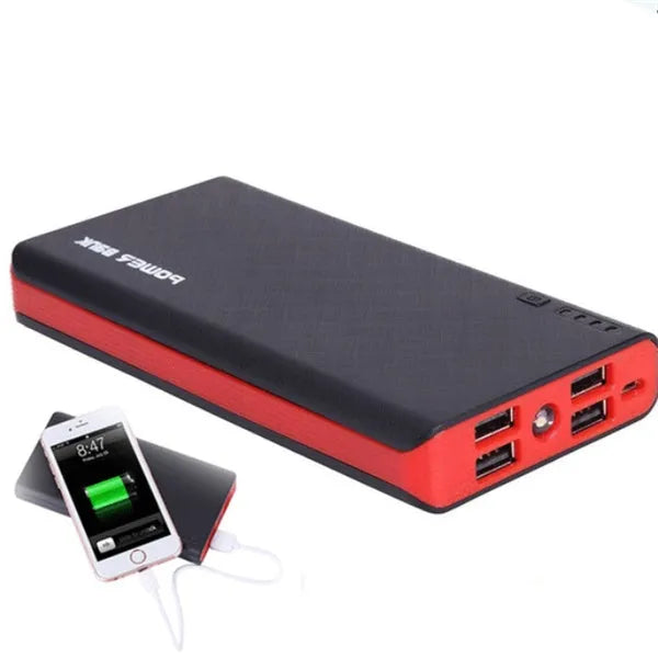 20000mAh portable power bank in red, blue, green, yellow, or black colours with compact dimensions