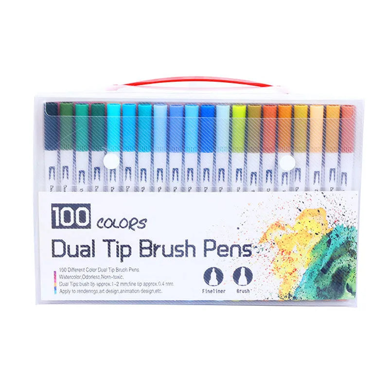 Set of watercolour pens in a plastic casing, showing nib tips, available in 48, 60, 72 and 100 colour sets.