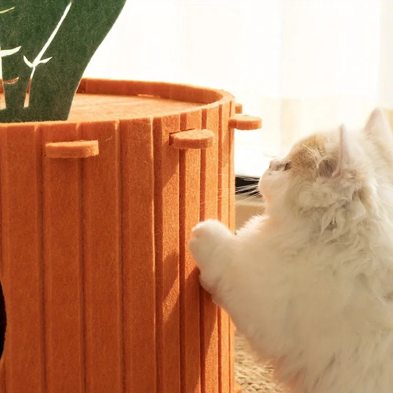 Beige felt cat tunnel nest with a semi-enclosed design and round entry hole, shown next to a measuring tape indicating its size.