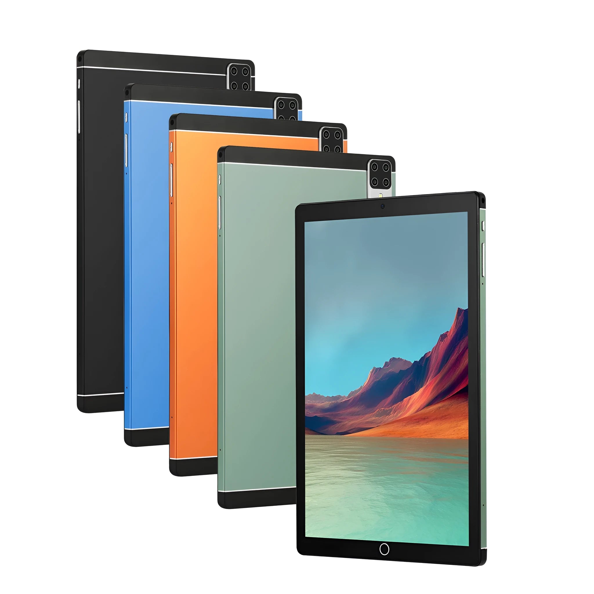 11.6-inch Android tablet in black, blue, green, or orange colours showing homescreen interface