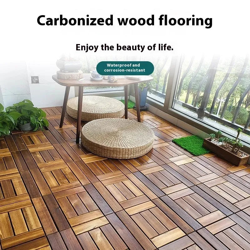 Four camphor pine wood flooring tiles showing 30cm square dimensions and wood grain texture