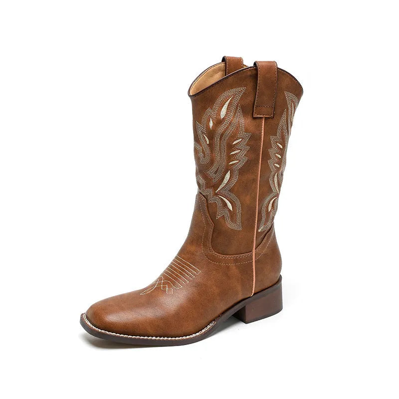 Brown women's mid-calf lace-up Martin boots with embroidery detail on the shaft