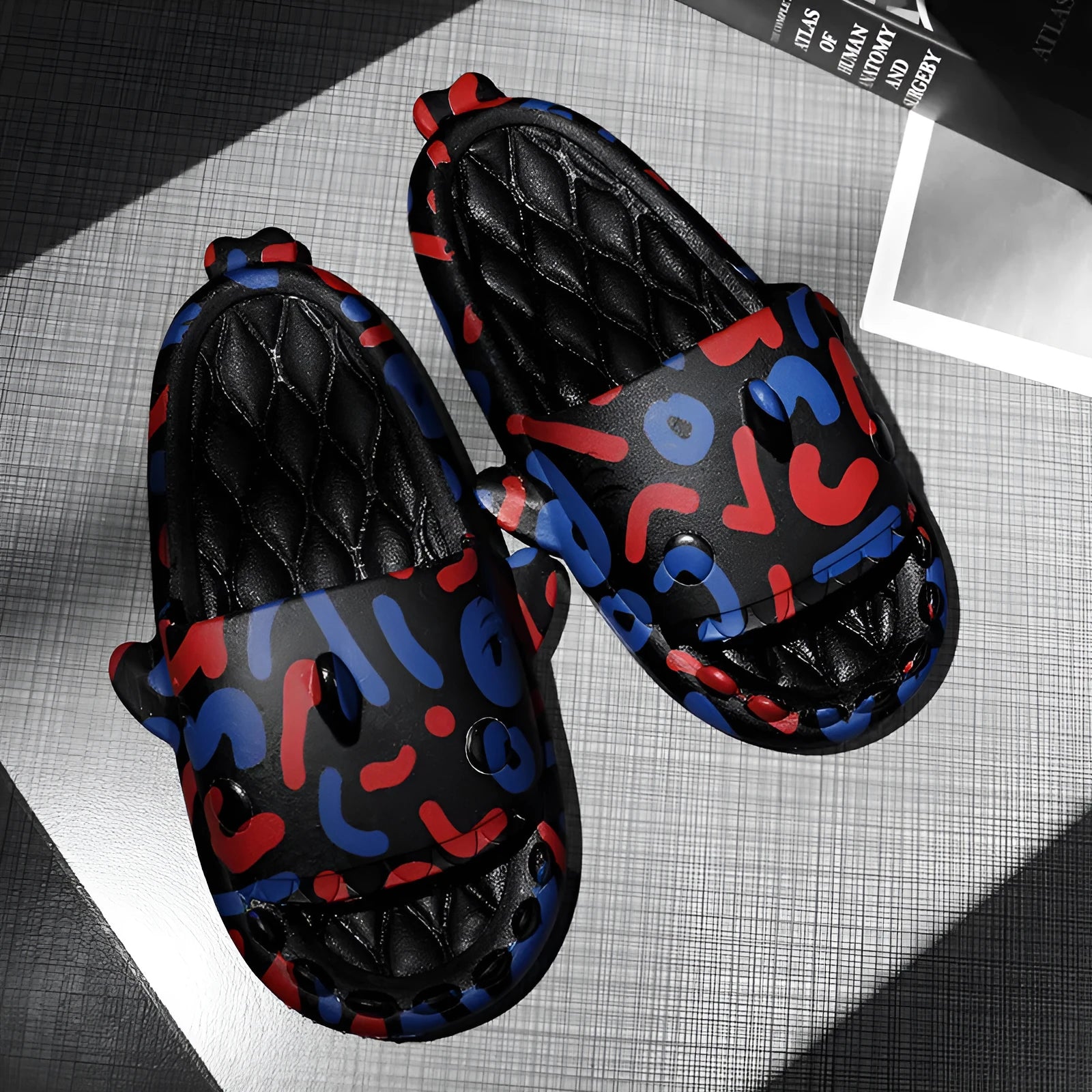 Shark-themed couple slippers with open toe design and EVA upper in multiple colour options