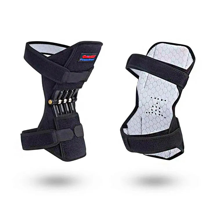 Adjustable black spring knee brace with straps and venting holes for sports support.