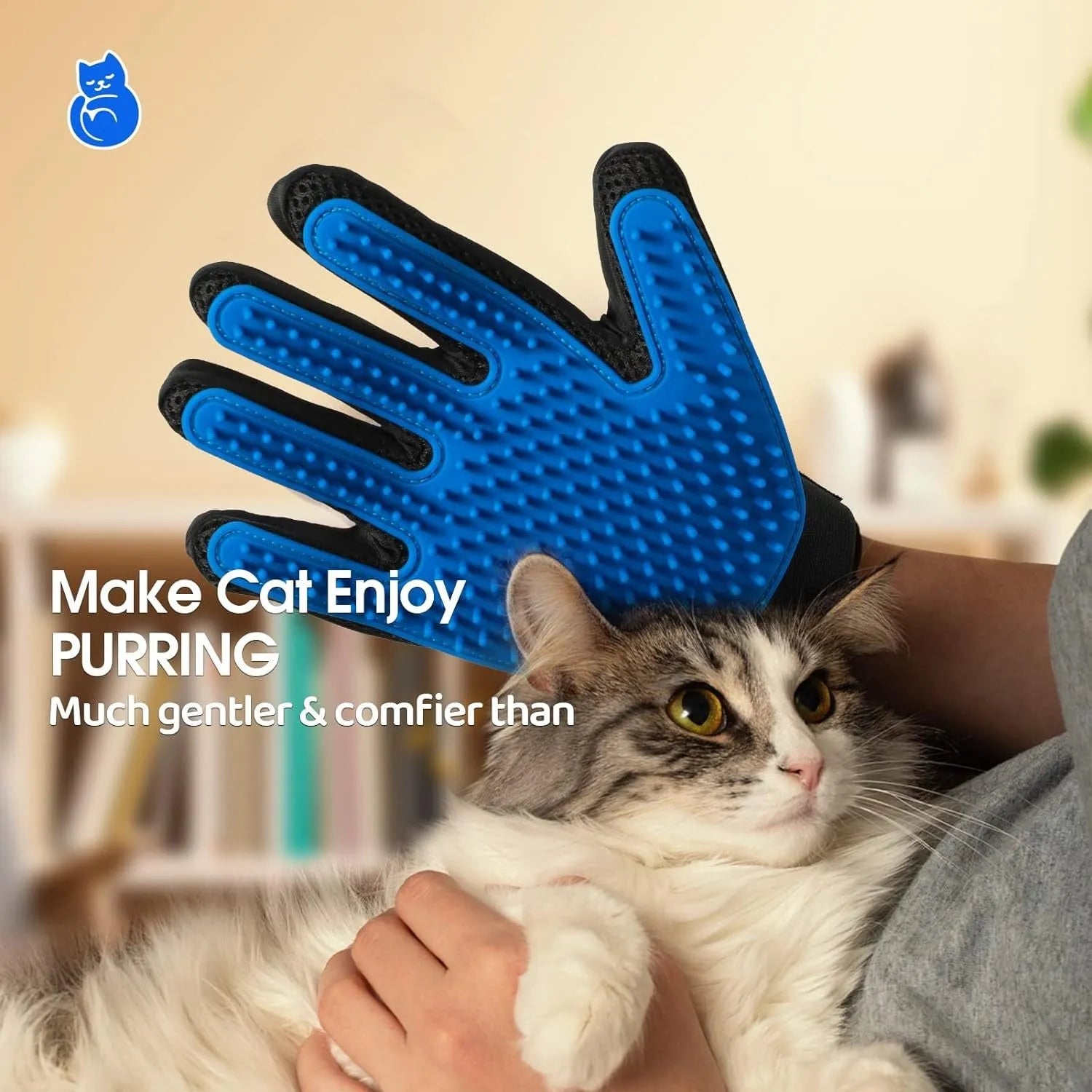 Blue pet grooming gloves with silicone tips for dogs cats horses shedding control