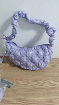 Women's nylon shoulder messenger bag in beige colour showing adjustable strap and dimensions