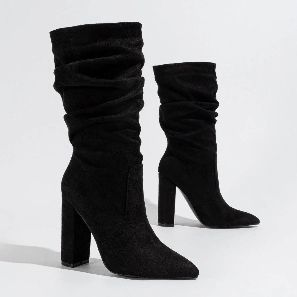 Women's chunky heel pointed toe ankle boots in suede available in black, apricot and red colours