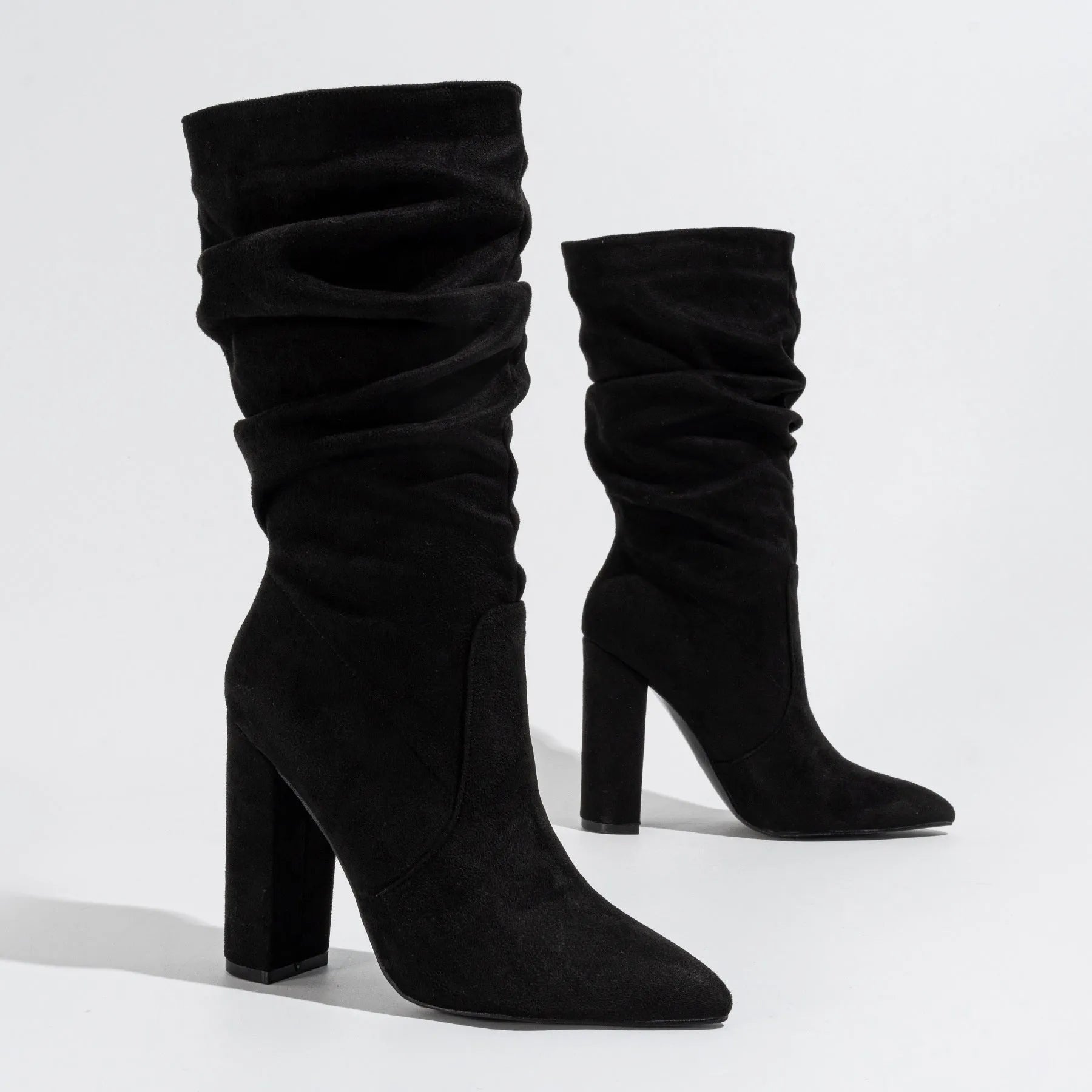 Women's chunky heel pointed toe ankle boots in suede available in black, apricot and red colours