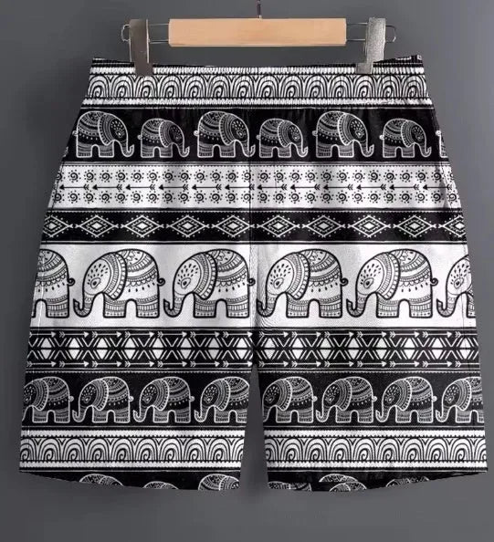 Men's casual polyester shorts in various patterns with Asian sizing from S to 5XL