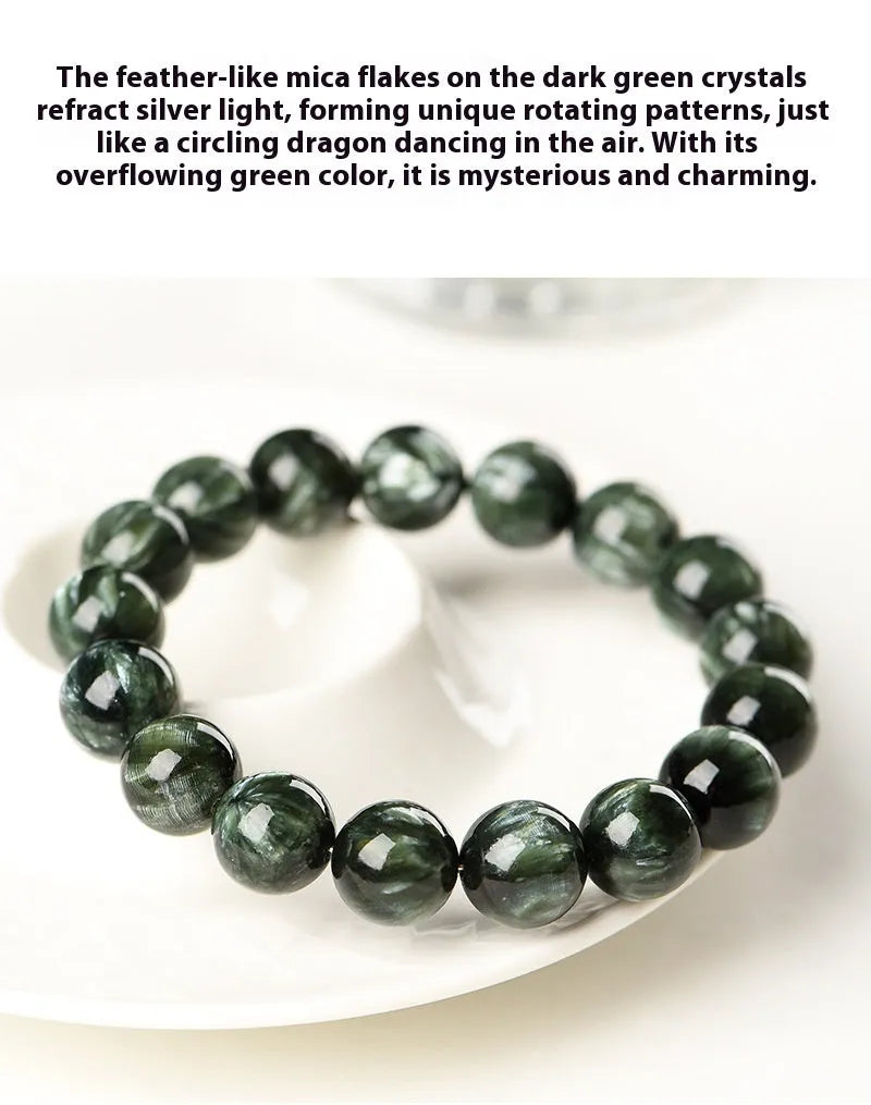 Green Dragon Crystal bracelet with 8-9mm round beads featuring Ruyi geometric design