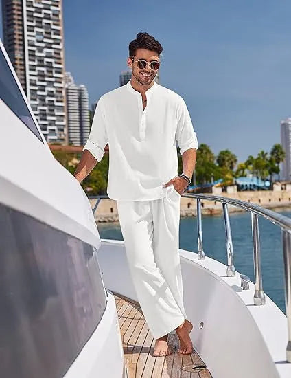 Men's casual cotton trousers suit set in solid colour with long sleeve top